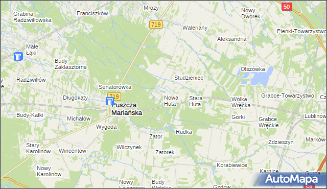 mapa Nowa Huta gmina Puszcza Mariańska, Nowa Huta gmina Puszcza Mariańska na mapie Targeo