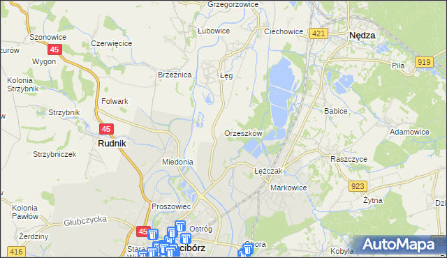 mapa Orzeszków gmina Nędza, Orzeszków gmina Nędza na mapie Targeo