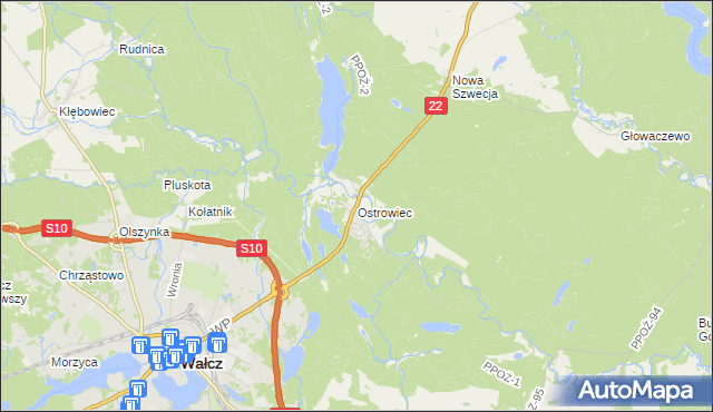 mapa Ostrowiec gmina Wałcz, Ostrowiec gmina Wałcz na mapie Targeo