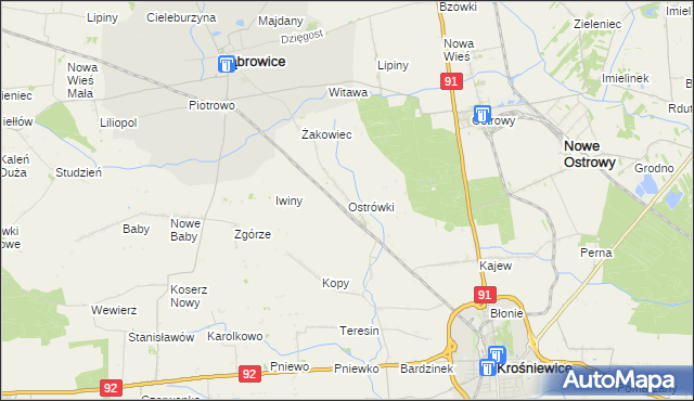 mapa Ostrówki gmina Dąbrowice, Ostrówki gmina Dąbrowice na mapie Targeo