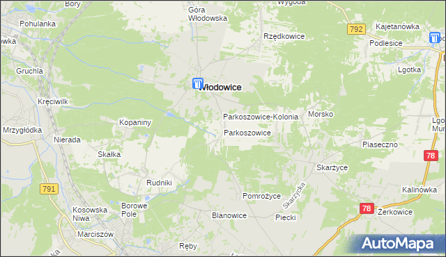 mapa Parkoszowice gmina Włodowice, Parkoszowice gmina Włodowice na mapie Targeo