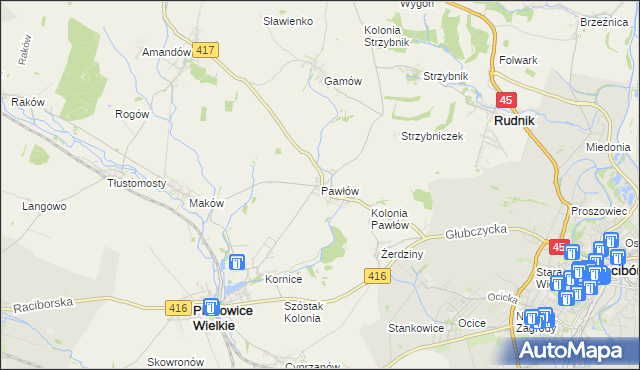 mapa Pawłów gmina Pietrowice Wielkie, Pawłów gmina Pietrowice Wielkie na mapie Targeo