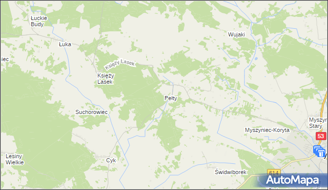 mapa Pełty gmina Myszyniec, Pełty gmina Myszyniec na mapie Targeo