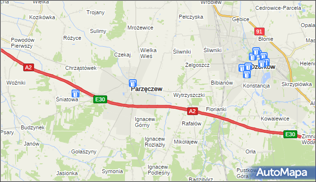 mapa Piaskowice gmina Parzęczew, Piaskowice gmina Parzęczew na mapie Targeo
