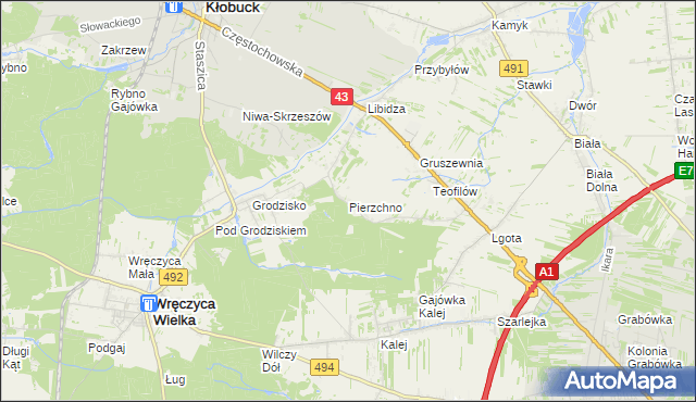 mapa Pierzchno gmina Wręczyca Wielka, Pierzchno gmina Wręczyca Wielka na mapie Targeo