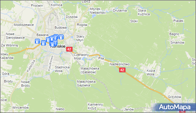 mapa Piła gmina Końskie, Piła gmina Końskie na mapie Targeo