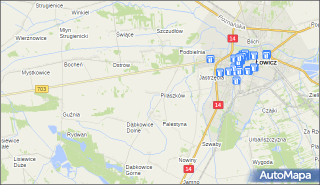 mapa Pilaszków gmina Łowicz, Pilaszków gmina Łowicz na mapie Targeo