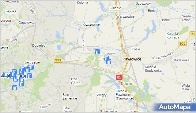 mapa Pniówek gmina Pawłowice, Pniówek gmina Pawłowice na mapie Targeo