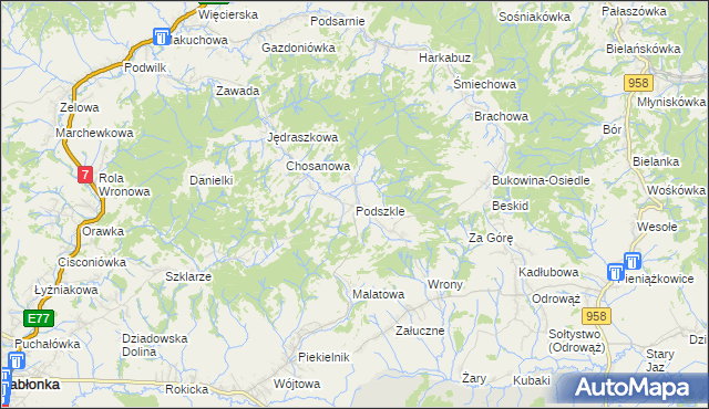 mapa Podszkle gmina Czarny Dunajec, Podszkle gmina Czarny Dunajec na mapie Targeo