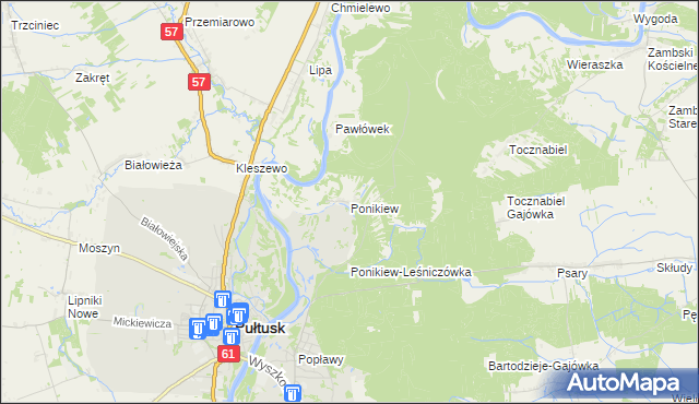 mapa Ponikiew gmina Pułtusk, Ponikiew gmina Pułtusk na mapie Targeo