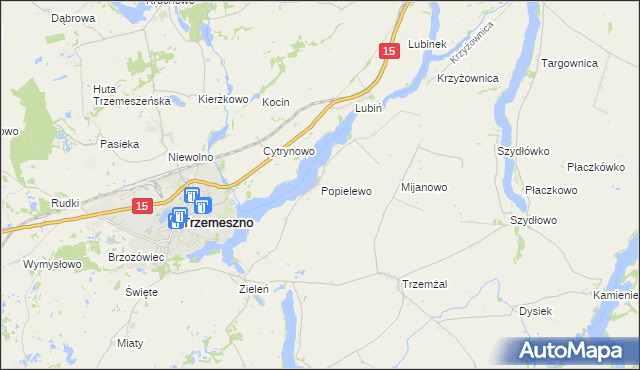 mapa Popielewo gmina Trzemeszno, Popielewo gmina Trzemeszno na mapie Targeo