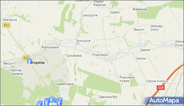 mapa Popkowice gmina Urzędów, Popkowice gmina Urzędów na mapie Targeo