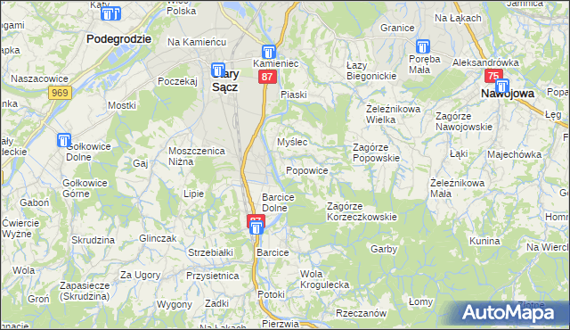 mapa Popowice gmina Stary Sącz, Popowice gmina Stary Sącz na mapie Targeo