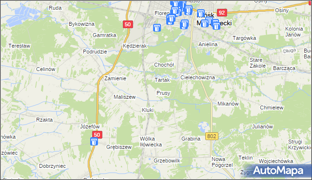 mapa Prusy gmina Mińsk Mazowiecki, Prusy gmina Mińsk Mazowiecki na mapie Targeo