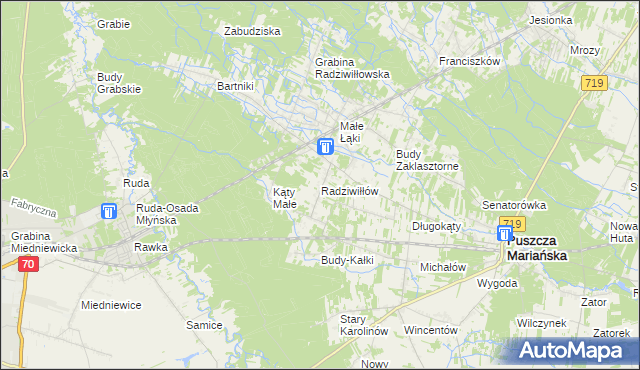 mapa Radziwiłłów gmina Puszcza Mariańska, Radziwiłłów gmina Puszcza Mariańska na mapie Targeo