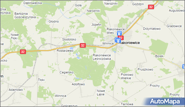 mapa Rakoniewice Leśniczówka, Rakoniewice Leśniczówka na mapie Targeo