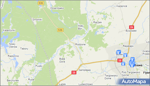 mapa Rodzone gmina Lubawa, Rodzone gmina Lubawa na mapie Targeo