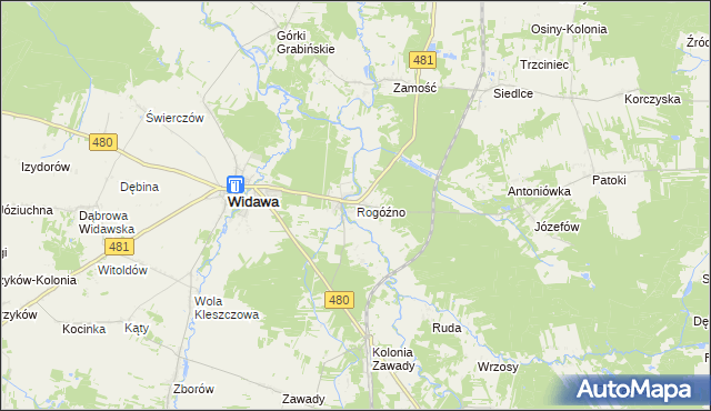 mapa Rogóźno gmina Widawa, Rogóźno gmina Widawa na mapie Targeo