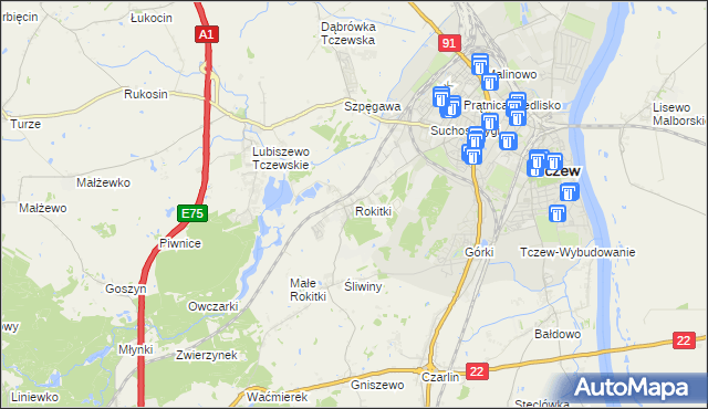 mapa Rokitki gmina Tczew, Rokitki gmina Tczew na mapie Targeo