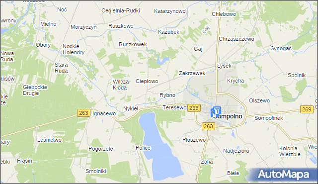 mapa Rybno gmina Wierzbinek, Rybno gmina Wierzbinek na mapie Targeo