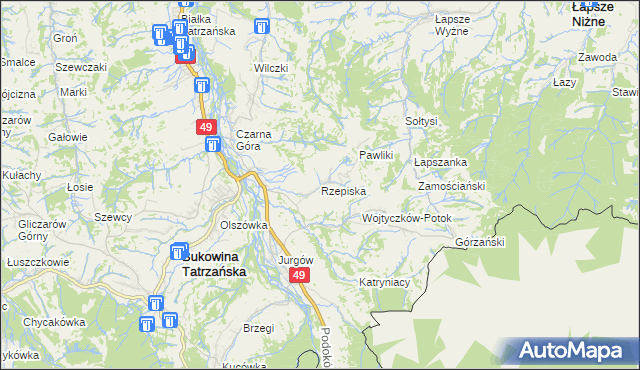 mapa Rzepiska gmina Bukowina Tatrzańska, Rzepiska gmina Bukowina Tatrzańska na mapie Targeo