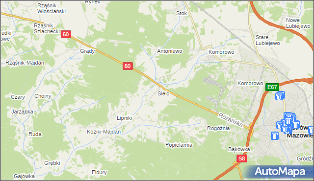 mapa Sielc gmina Ostrów Mazowiecka, Sielc gmina Ostrów Mazowiecka na mapie Targeo