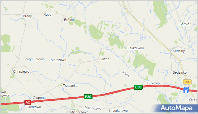 mapa Śliwno gmina Kuślin, Śliwno gmina Kuślin na mapie Targeo