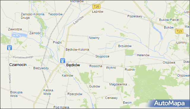 mapa Sługocice gmina Będków, Sługocice gmina Będków na mapie Targeo