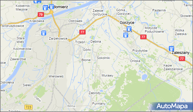 mapa Sokolniki gmina Gorzyce, Sokolniki gmina Gorzyce na mapie Targeo