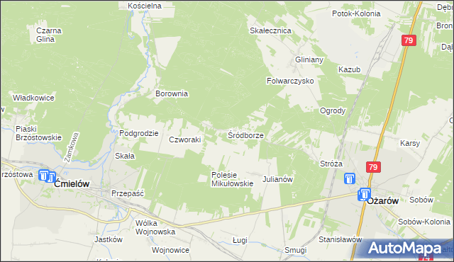 mapa Śródborze gmina Ożarów, Śródborze gmina Ożarów na mapie Targeo