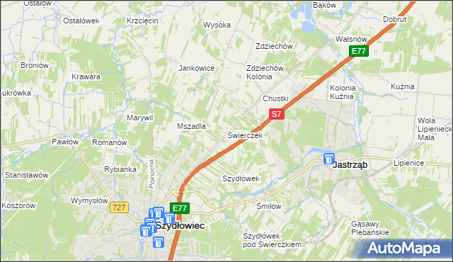 mapa Świerczek gmina Szydłowiec, Świerczek gmina Szydłowiec na mapie Targeo