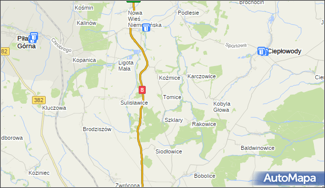 mapa Tomice gmina Ciepłowody, Tomice gmina Ciepłowody na mapie Targeo