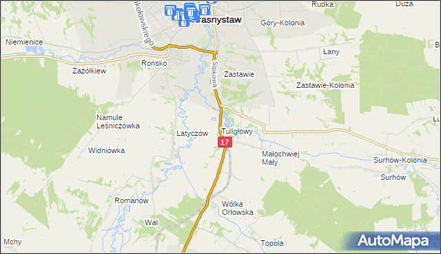 mapa Tuligłowy gmina Krasnystaw, Tuligłowy gmina Krasnystaw na mapie Targeo