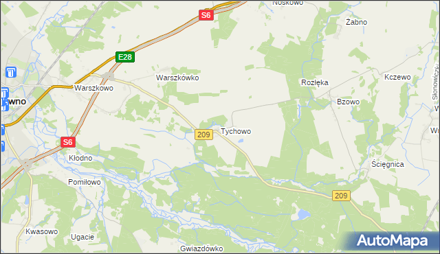 mapa Tychowo gmina Sławno, Tychowo gmina Sławno na mapie Targeo