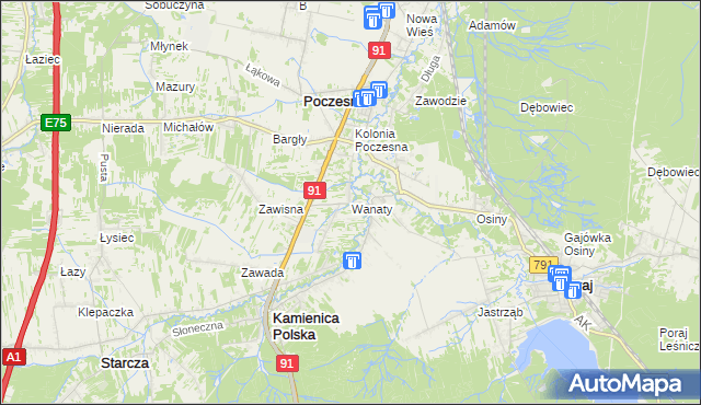 mapa Wanaty gmina Kamienica Polska, Wanaty gmina Kamienica Polska na mapie Targeo