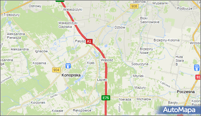 mapa Wąsosz gmina Konopiska, Wąsosz gmina Konopiska na mapie Targeo