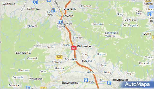 mapa Wilkowice powiat bielski, Wilkowice powiat bielski na mapie Targeo