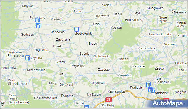 mapa Wilkowisko gmina Jodłownik, Wilkowisko gmina Jodłownik na mapie Targeo