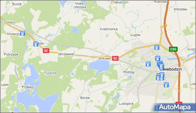 mapa Wilkowo gmina Świebodzin, Wilkowo gmina Świebodzin na mapie Targeo
