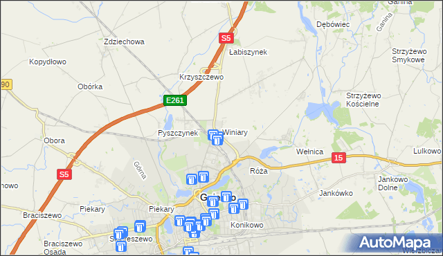 mapa Winiary gmina Gniezno, Winiary gmina Gniezno na mapie Targeo