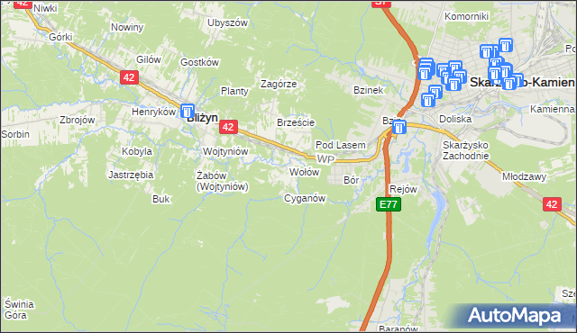 mapa Wołów gmina Bliżyn, Wołów gmina Bliżyn na mapie Targeo
