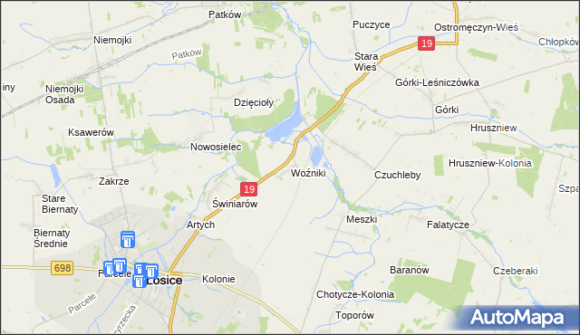 mapa Woźniki gmina Łosice, Woźniki gmina Łosice na mapie Targeo