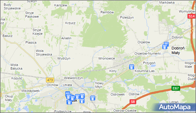 mapa Wronowice gmina Łask, Wronowice gmina Łask na mapie Targeo