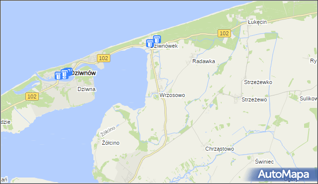 mapa Wrzosowo gmina Kamień Pomorski, Wrzosowo gmina Kamień Pomorski na mapie Targeo