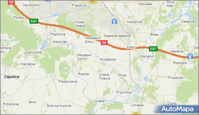 mapa Wygiełzów gmina Zapolice, Wygiełzów gmina Zapolice na mapie Targeo
