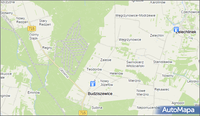 mapa Zalesie gmina Budziszewice, Zalesie gmina Budziszewice na mapie Targeo