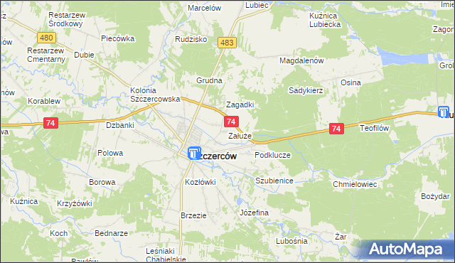 mapa Załuże gmina Szczerców, Załuże gmina Szczerców na mapie Targeo