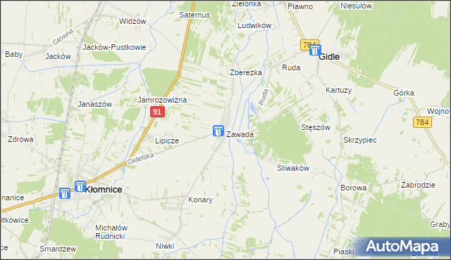 mapa Zawada gmina Kłomnice, Zawada gmina Kłomnice na mapie Targeo