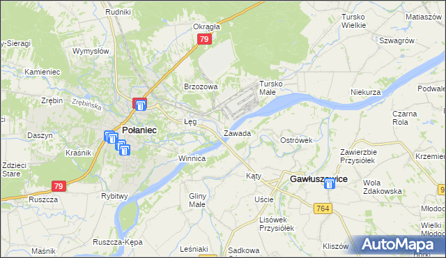 mapa Zawada gmina Połaniec, Zawada gmina Połaniec na mapie Targeo