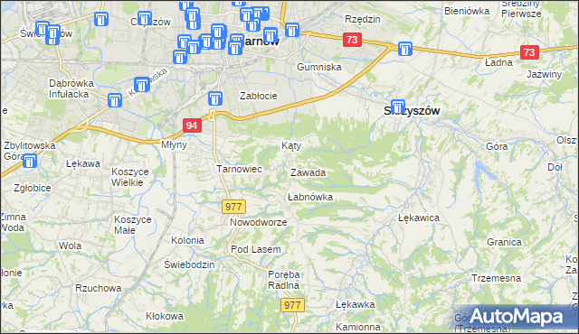 mapa Zawada gmina Tarnów, Zawada gmina Tarnów na mapie Targeo